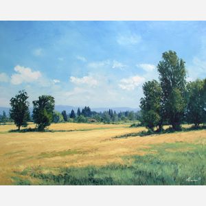 open field,distant trees,oil painting