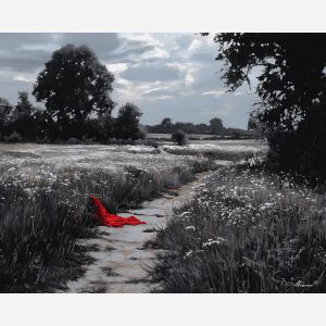 black and white field,red accent,pathway,oil painting