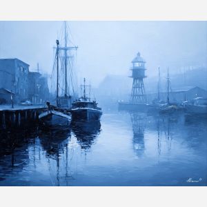 black and white harbor,blue light,foggy mood,oil painting
