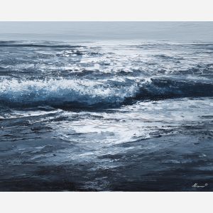 black and white landscape,blue accent,shoreline,oil painting