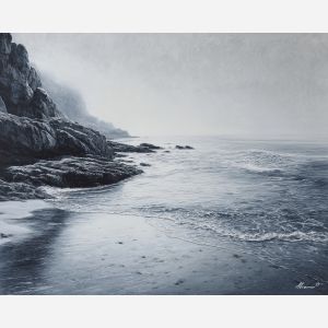black and white seascape,blue accent,shoreline calm,oil painting