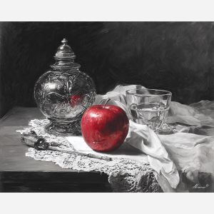 black and white still life,red apple,oil painting
