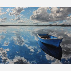 black and white lake,blue boat,oil painting