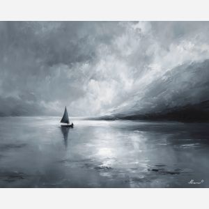 black and white lake,blue sail,landscape,oil painting