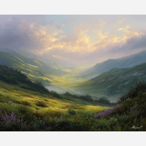 calm landscape,valley mist,soft light,oil painting,nature scene