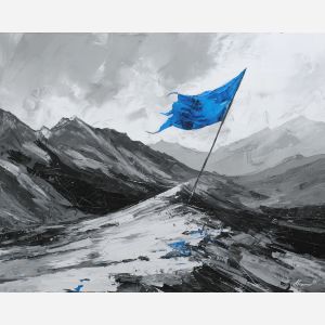 black and white mountains,blue accent,landscape,oil painting