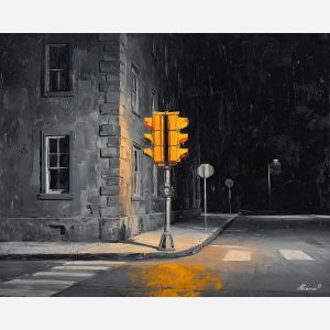 black and white street,gold accent,night city,oil painting