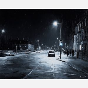 black and white street,blue accent,night city,oil painting