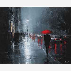 black and white art,red accent,rainy street,city silhouette,oil painting