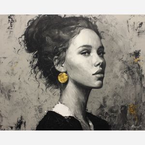 black and white portrait,gold accent,oil painting