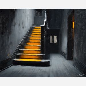 black and white interior,amber accent,architecture,oil painting