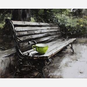 black and white park,green accent,still scene,oil painting