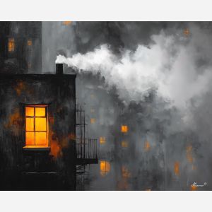 black and white urban,amber light,window scene,oil painting