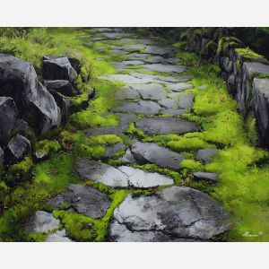 black and white landscape,green accent,pathway,oil painting
