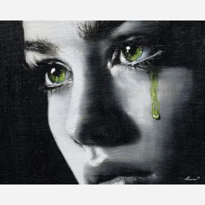 black and white portrait,green accent,emotional art,oil painting