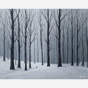 black and white forest,green bird,nature art,oil painting