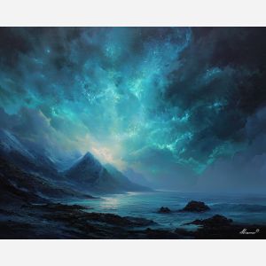 fantasy highlands,astral light,night scene,oil painting