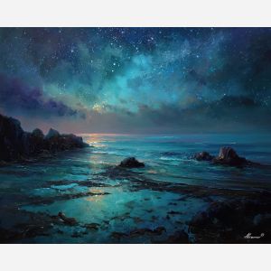fantasy shore,celestial glow,night oil painting