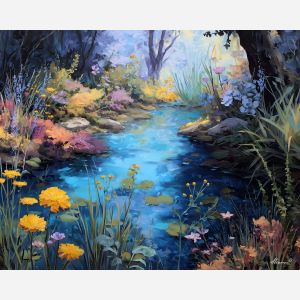 fantasy riverbank,glowing plants,oil painting