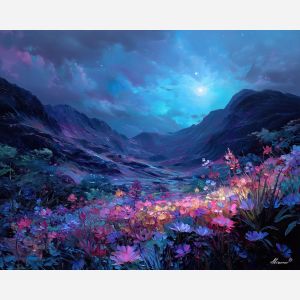 fantasy valley,glowing flowers,oil painting