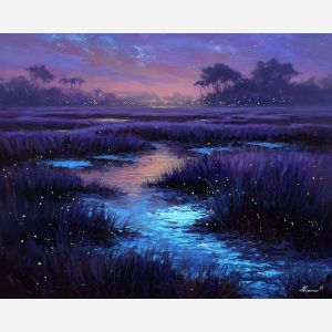 fantasy marsh,glowing water,night oil painting