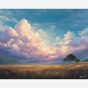 fantasy meadow,bright sky,day magic,oil painting