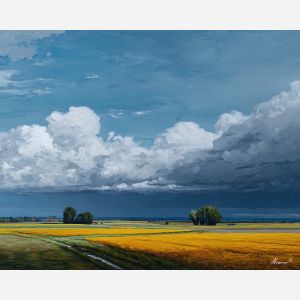 field landscape,low clouds,oil painting