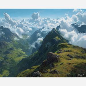 mountain ridge,low clouds,soft landscape,oil painting