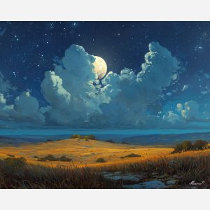 fantasy plains,moon glow,night landscape,oil painting