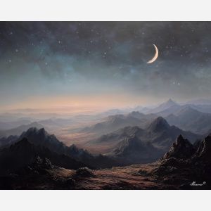 fantasy night,moonlit landscape,calm oil painting