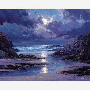 fantasy coast,moonlit sea,night calm,oil painting