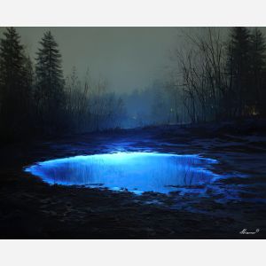 fantasy basin,glowing water,night scene,oil painting
