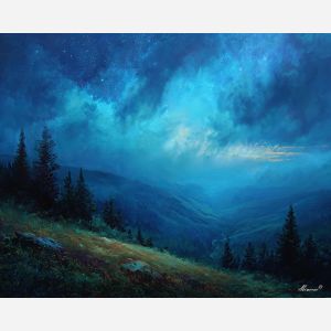 fantasy ridge,starlight,night glow,oil painting