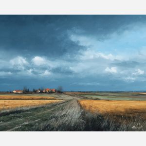open fields,pale sky,calm nature,oil painting