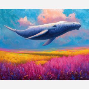 fantasy whale,sky creature,meadow landscape,oil painting