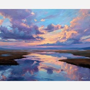 fantasy river flats,reflection,night oil painting