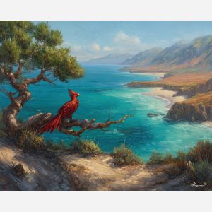 fantasy phoenix,coastal landscape,daylight oil painting