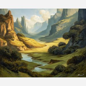 fantasy valley,warm daylight,oil painting