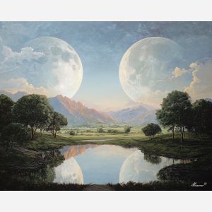 fantasy moons,lowland,night landscape,oil painting