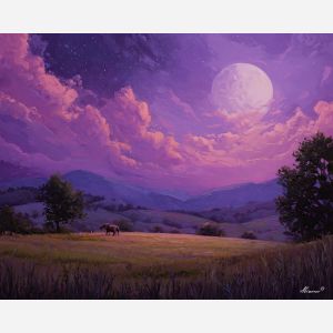 fantasy pasture,violet moon,night oil painting