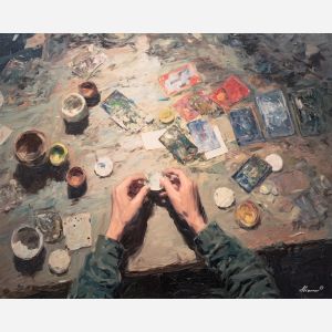 calm, low, palette knife, oil painting, impasto, thick paint, layered pigment, scraped texture, hand painted, fine art, expressive surface, material depth, painterly, atmospheric, visual rhythm, textured painting, studio art