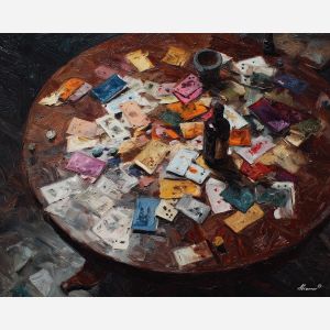 still, measured, palette knife, oil painting, impasto, thick paint, layered pigment, scraped texture, hand painted, fine art, expressive surface, material depth, painterly, atmospheric, visual rhythm, textured painting, studio art