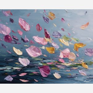 suspended, gentle, palette knife, oil painting, impasto, thick paint, layered pigment, scraped texture, hand painted, fine art, expressive surface, material depth, painterly, atmospheric, visual rhythm, textured painting, studio art