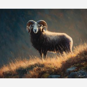 fantasy ram,highlands landscape,daylight,oil painting