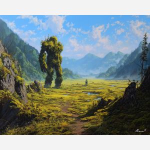 fantasy giant,valley landscape,nature creature,oil painting
