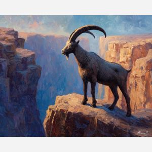 fantasy ibex,cliff landscape,daylight creature,oil painting