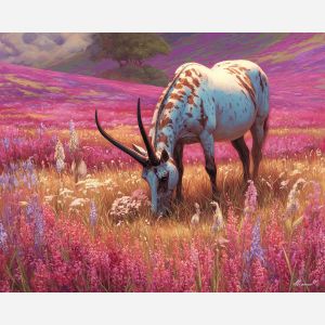 fantasy horse,meadow landscape,daylight fantasy,oil painting