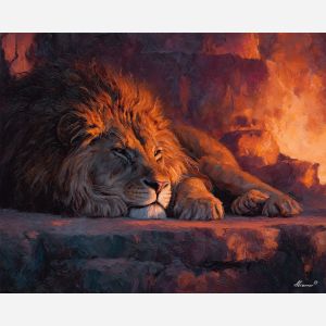fire elemental lion,creature landscape,oil painting