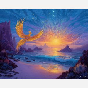 fantasy phoenix,coastal landscape,daylight oil painting