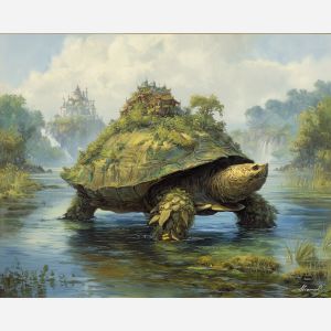 fantasy turtle,river landscape,nature creature,oil painting